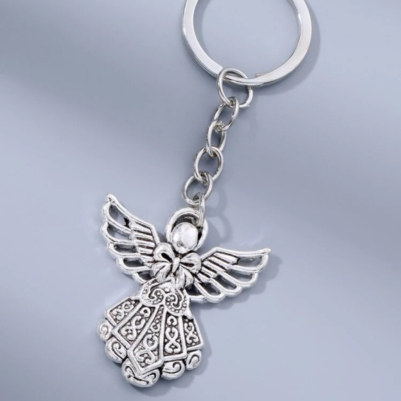 Hollow Out Angel Charm Keychain Silver Plated Halo Wings - Picture 4 of 5